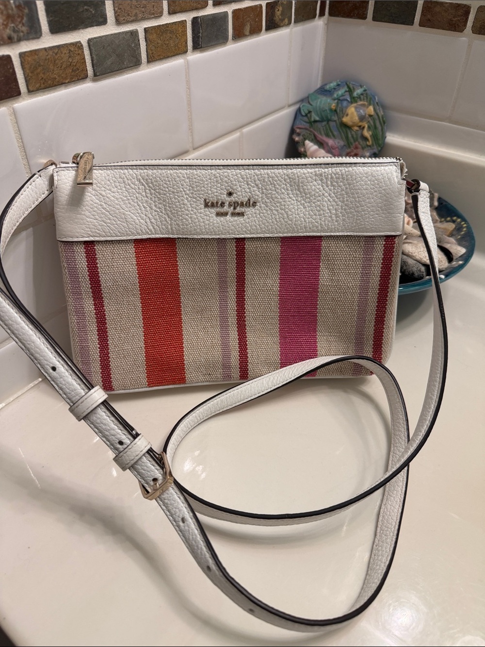 kate spade White Crossbody with Pink and Red Stripes
